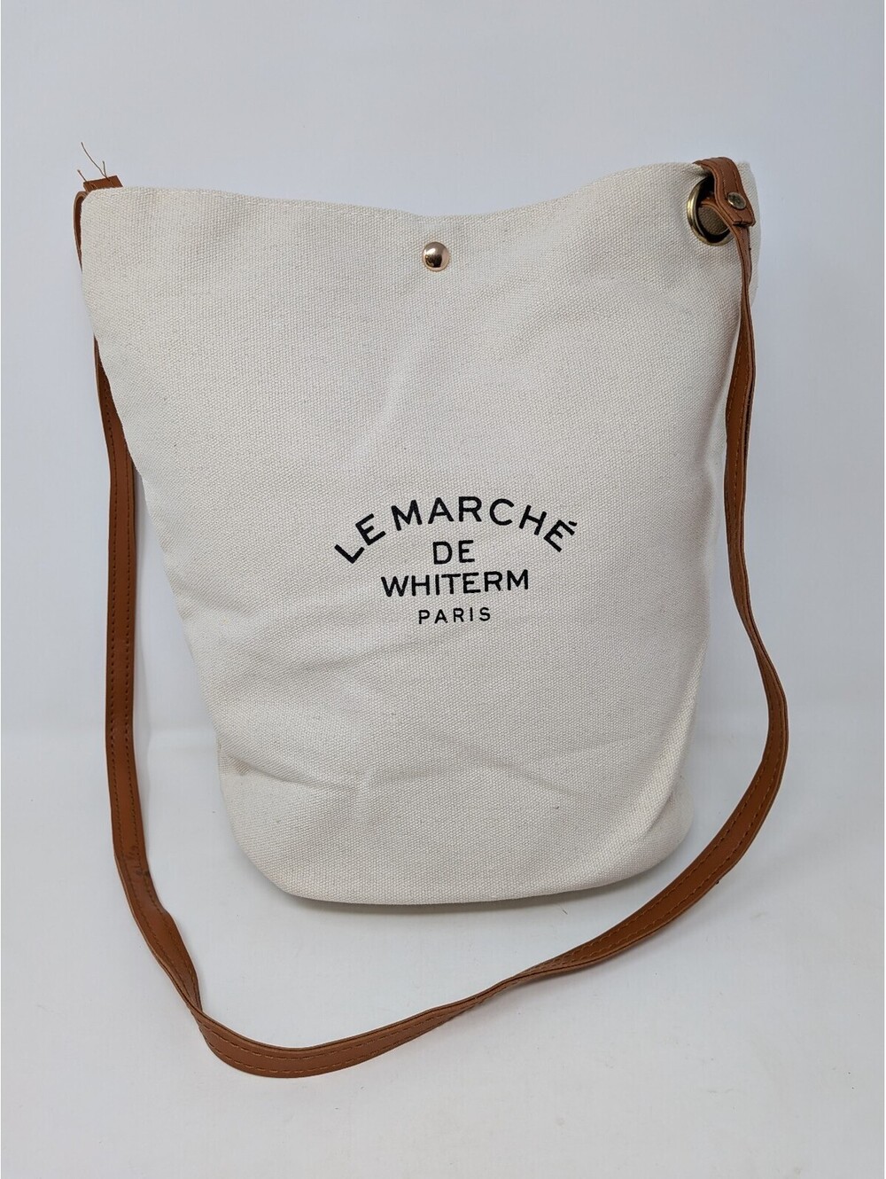 LE MARCHE DE WHITERM PARIS Cream Canvas Bucket Crossbody Bag Leather Strap